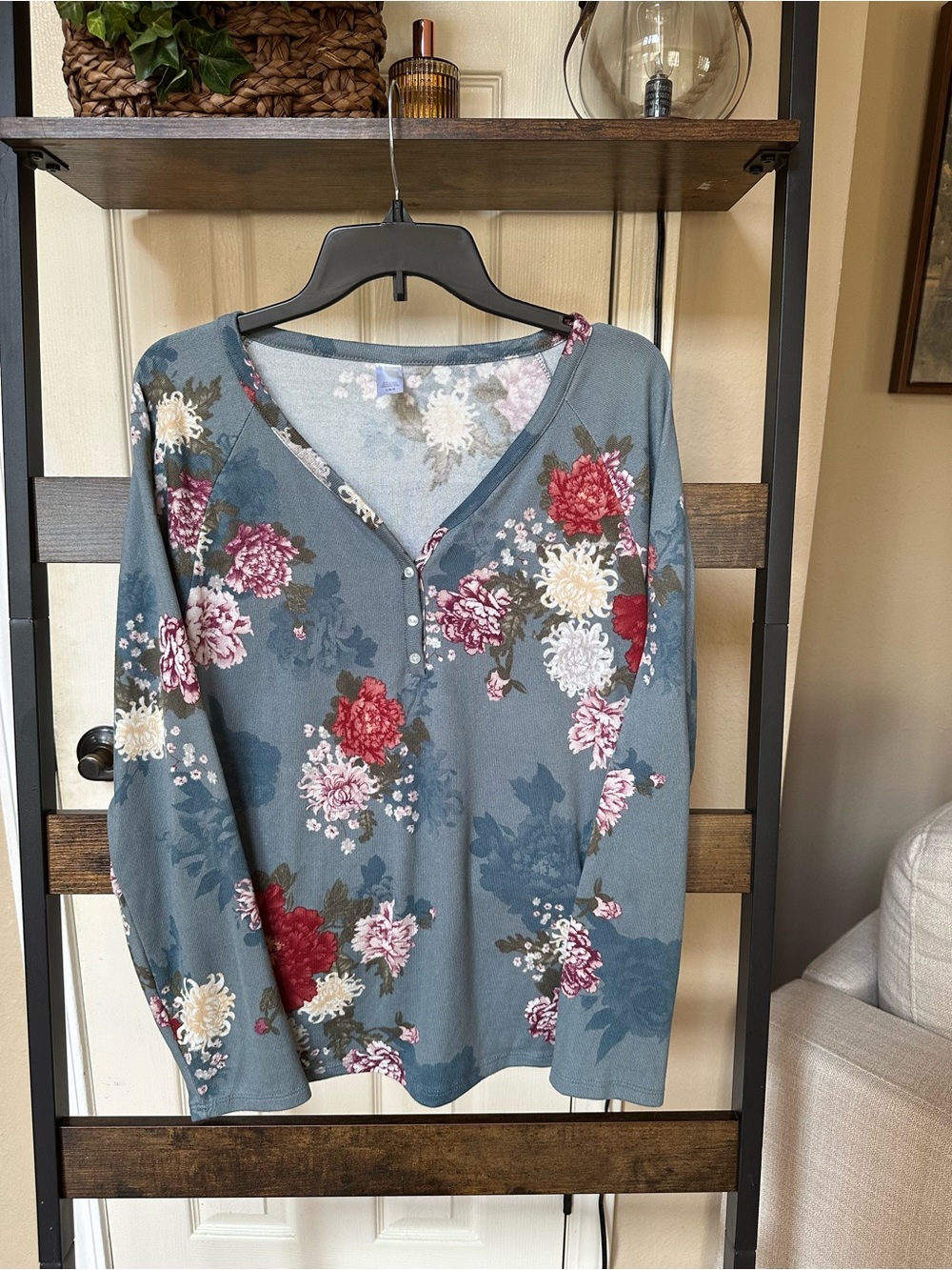 Super Soft Floral V-Neck Blouse - Blue Multi - Picture 2 of 5